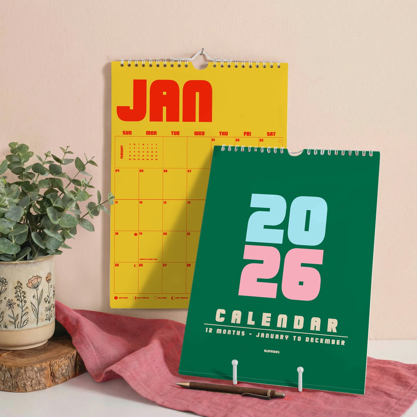 2026 Retro Wall Calendar, Monthly View, Recycled Paper