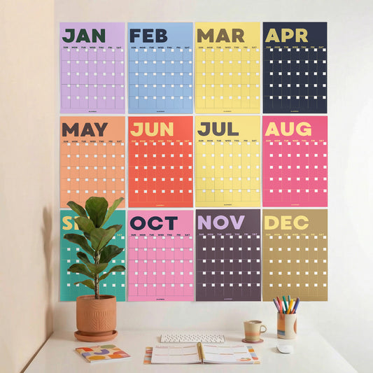 Colorful Undated Wall Planner: Perpetual Monthly Calendar, Recycled Paper