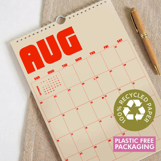 2026 Retro Wall Calendar, Monthly View, Recycled Paper