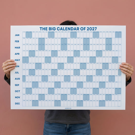 2027 Wall Planner, Year at a Glance, Sage Blue Horizontal Layout