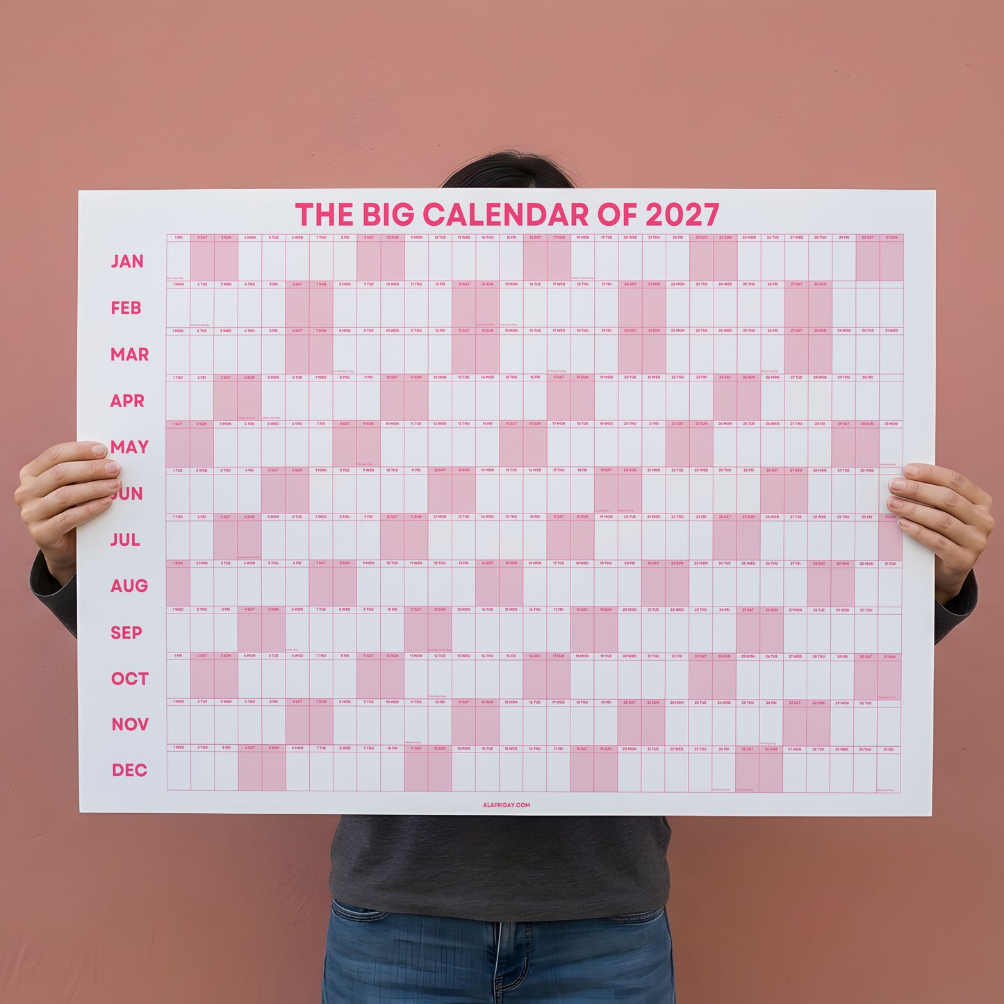 2027 Wall Planner, Year at a Glance, Pink Horizontal Layout