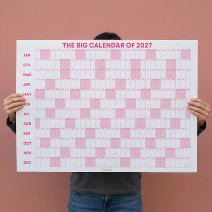 2027 Wall Planner, Year at a Glance, Pink Horizontal Layout