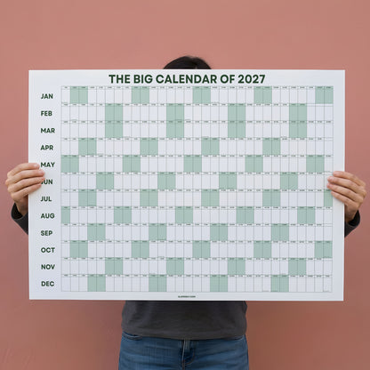 2027 Wall Planner, Year at a Glance, Sage Green Horizontal Layout