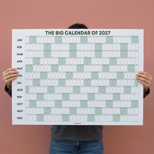2027 Wall Planner, Year at a Glance, Sage Green Horizontal Layout