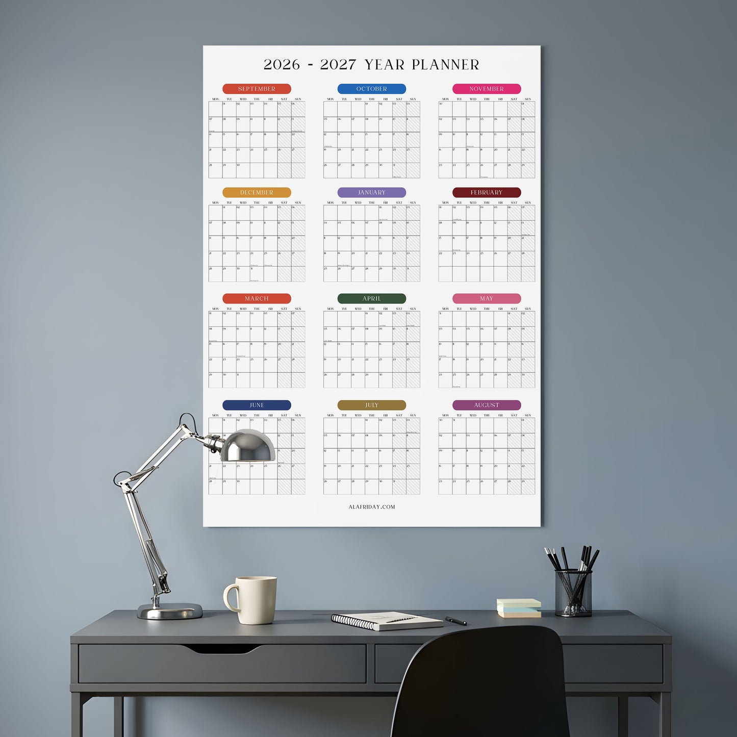 2026-2027 Monthly Grid Wall Planner, Academic Year, Bright Color, Year to View