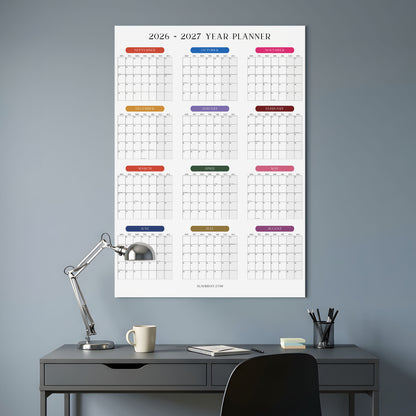 2026-2027 Monthly Grid Wall Planner, Academic Year, Bright Color, Year to View