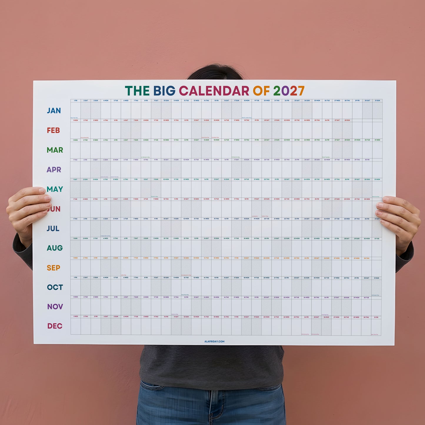 2027 Wall Planner, Year at a Glance, Bright Color Horizontal Layout