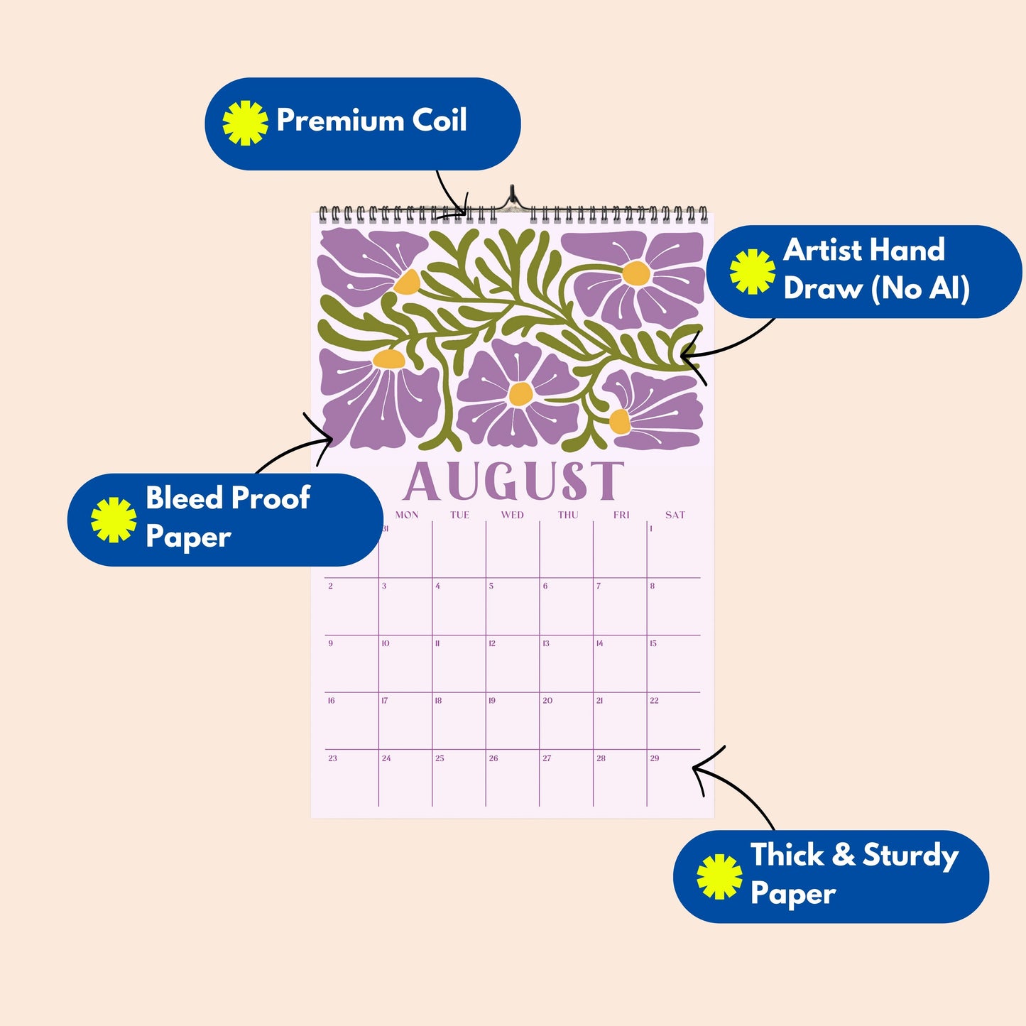 2026-2027 Academic Wall Calendar, Retro Flowers, August Start