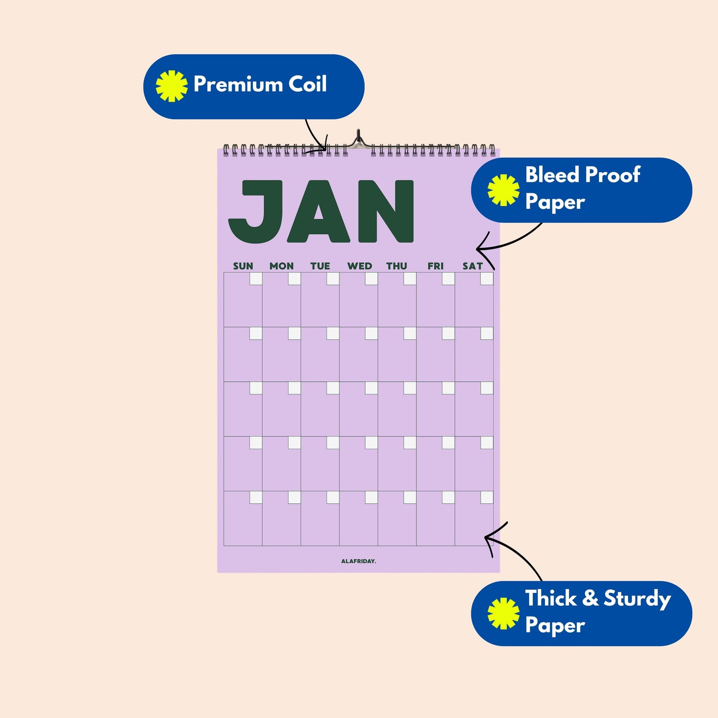 Colorful Undated Wall Planner: Perpetual Monthly Calendar, Recycled Paper