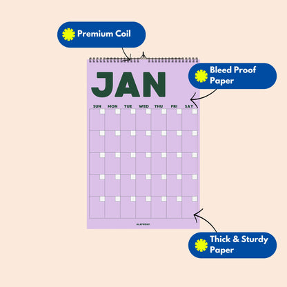 Colorful Undated Wall Planner: Perpetual Monthly Calendar, Recycled Paper