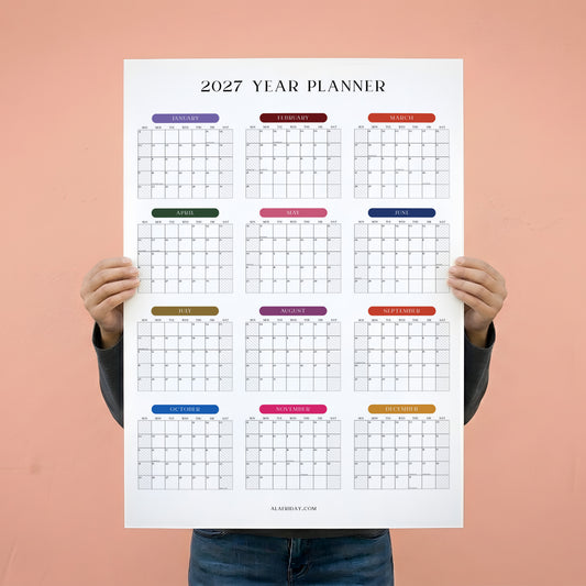 2027 Wall Planner, Year at a Glance, Bright Color Vertical Layout