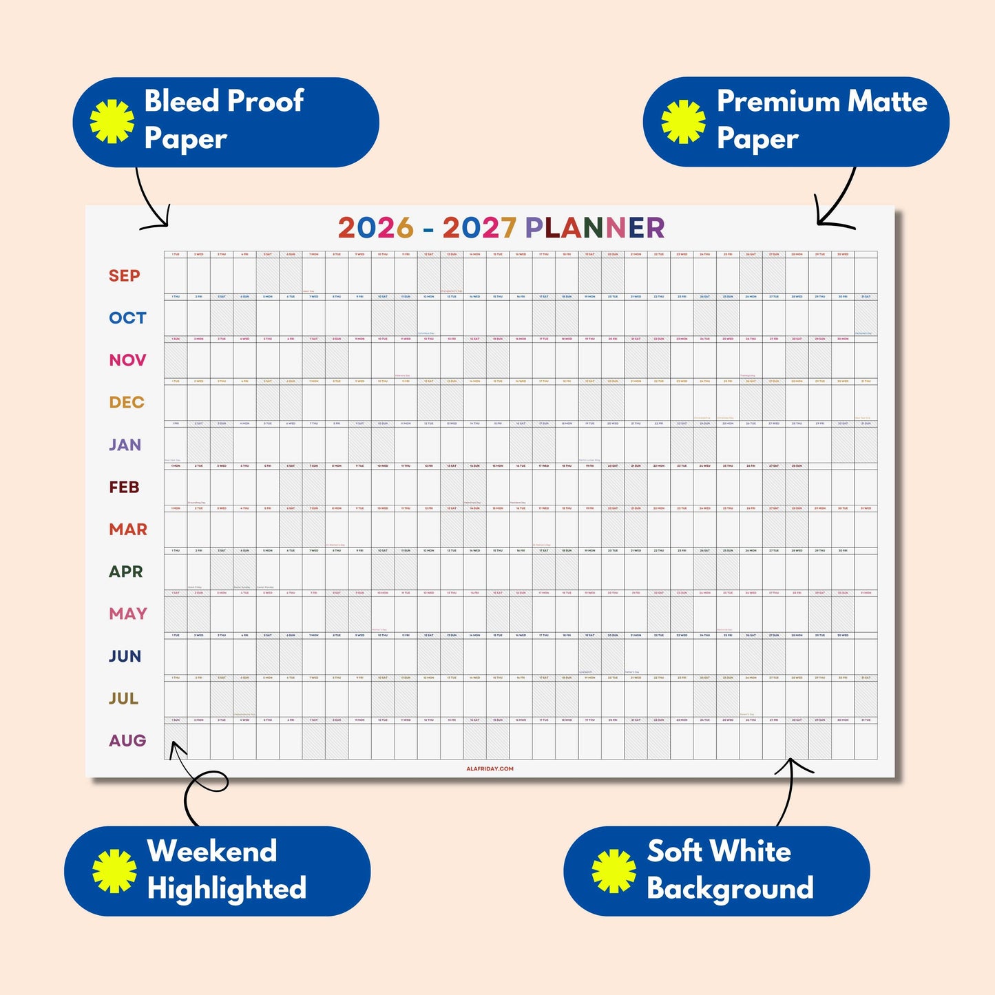2026-2027 Academic Year Planner, Classroom Decor, Bright Color