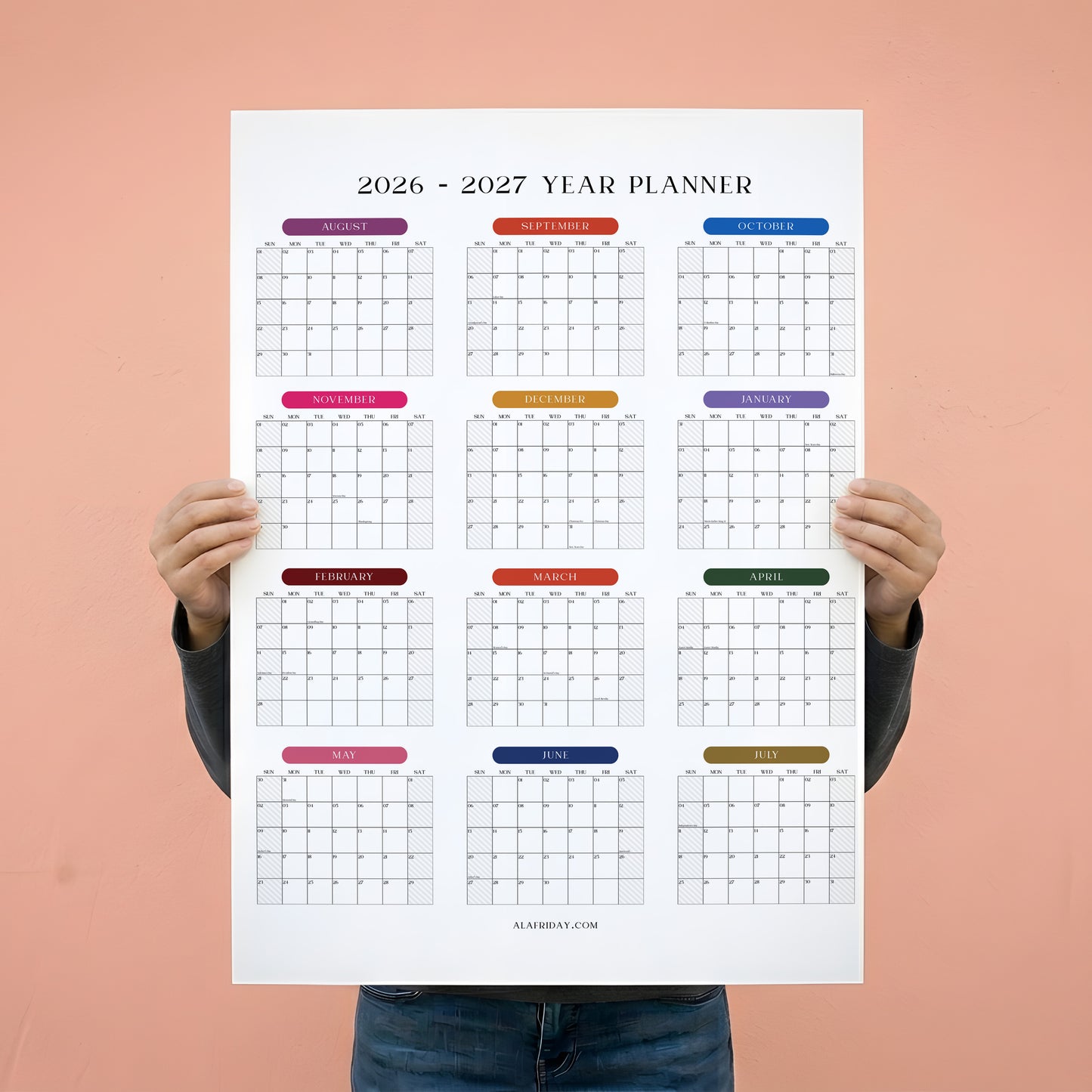 2026-2027 Monthly Grid Wall Planner, Academic Year, August Start, Bright Color, Year to View