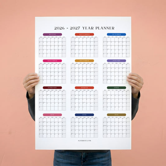 2026-2027 Monthly Grid Wall Planner, Academic Year, August Start, Bright Color, Year to View
