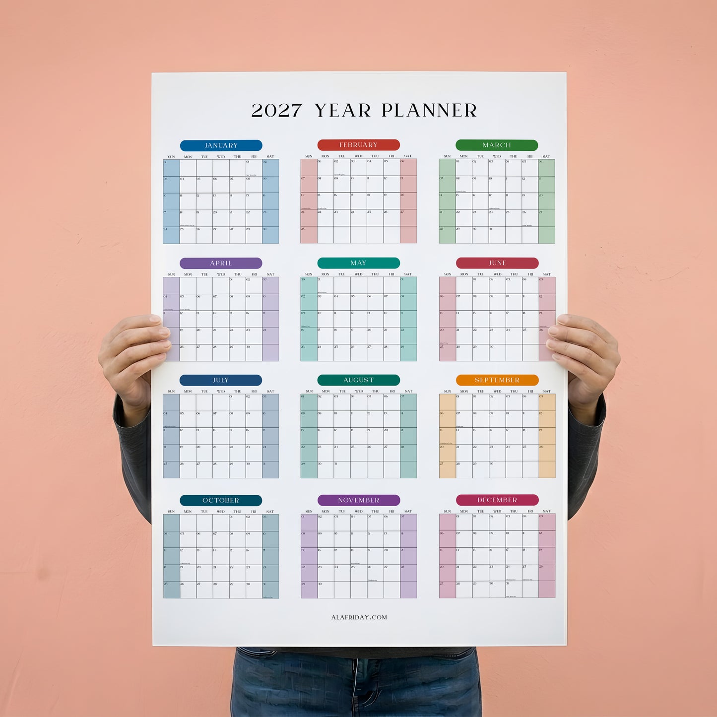 2027 Wall Planner, Year at a Glance, Bright Color Vertical Layout
