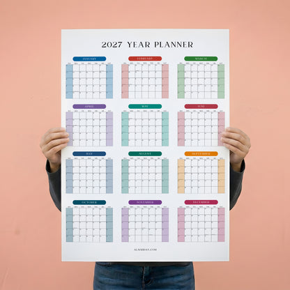 2027 Wall Planner, Year at a Glance, Bright Color Vertical Layout