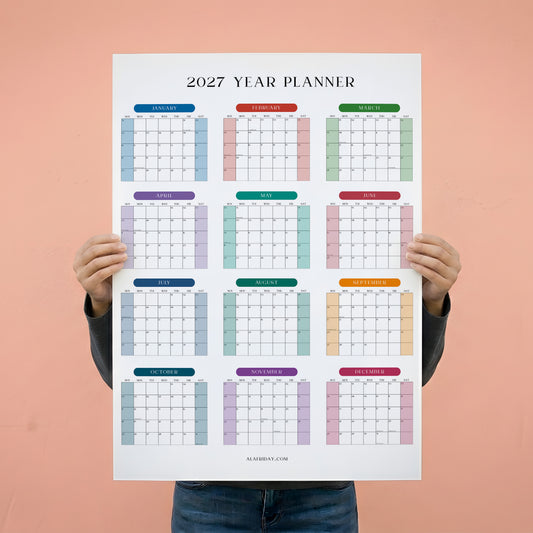 2027 Wall Planner, Year at a Glance, Bright Color Vertical Layout