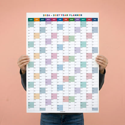 2026-2027 Wall Planner, Academic Year, August Start, Bright Color, Year to View
