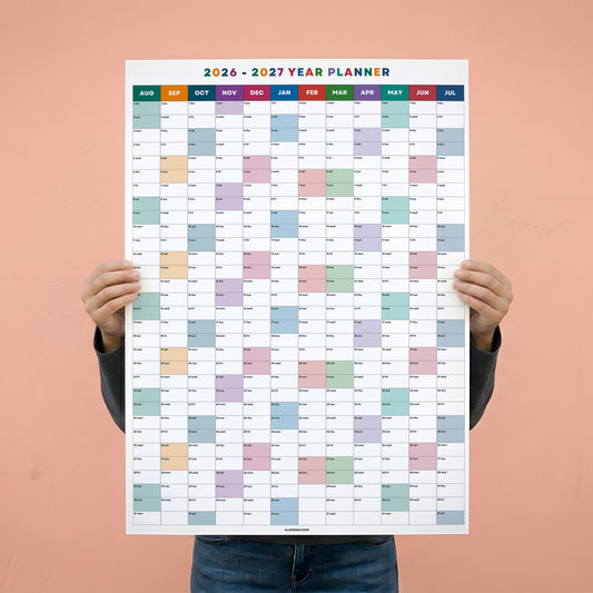 2026-2027 Wall Planner, Academic Year, August Start, Bright Color, Year to View