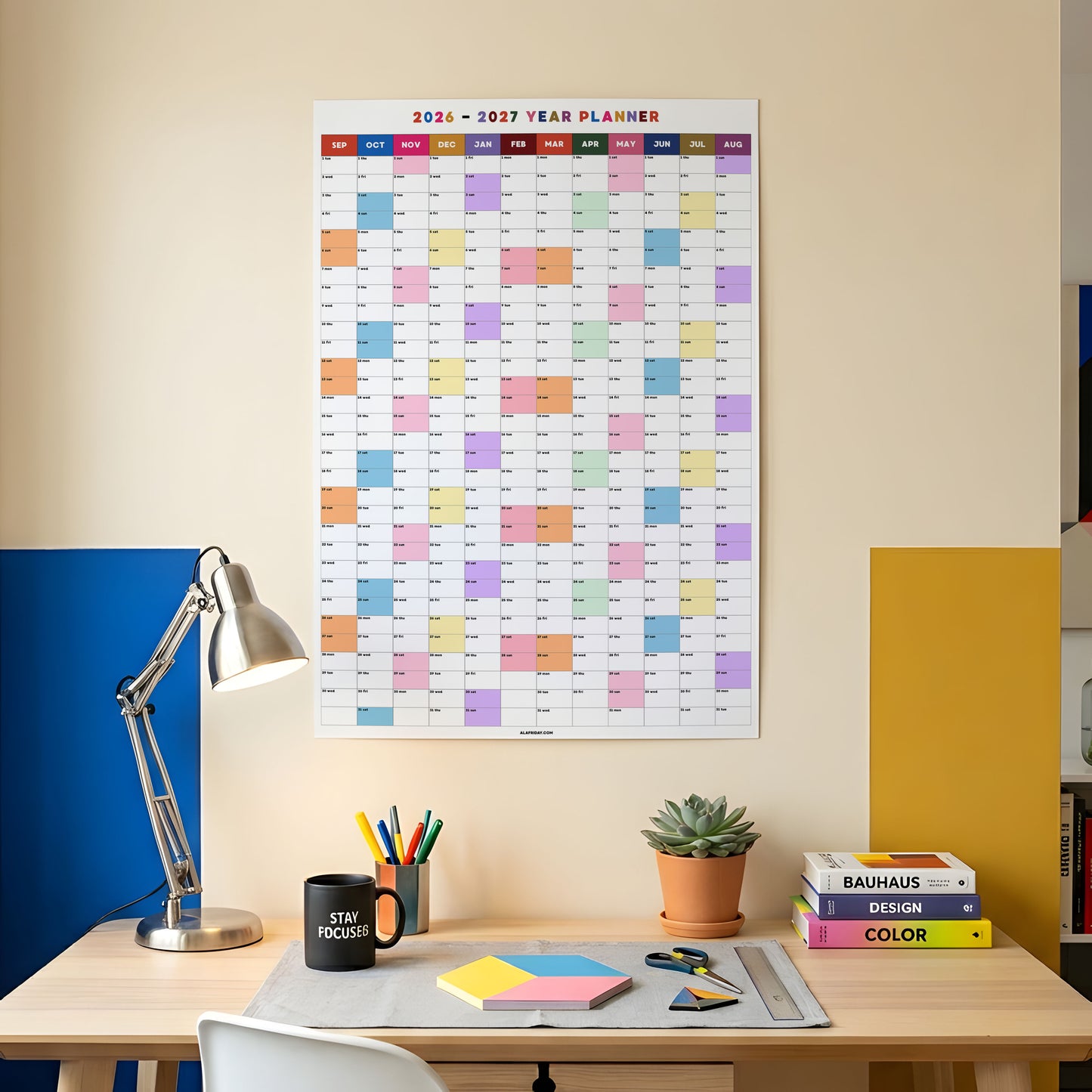 2026-2027 Monthly Grid Wall Planner, Academic Year, Bright Color, Year to View