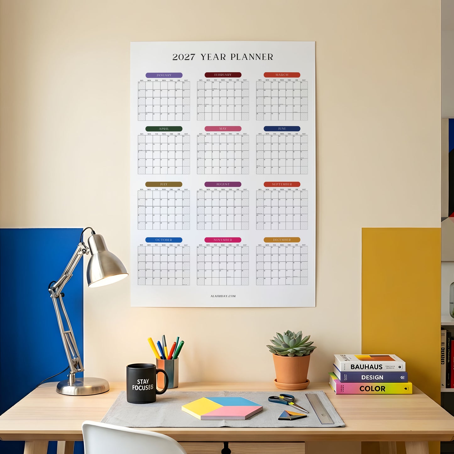 2027 Wall Planner, Year at a Glance, Bright Color Vertical Layout
