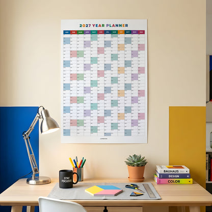 2027 Wall Planner, Year at a Glance, Bright Color Vertical Layout