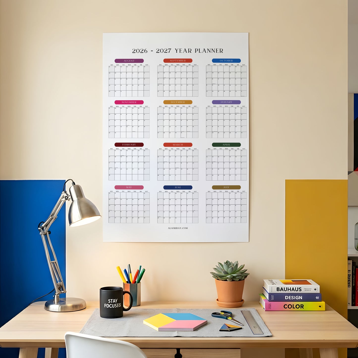 2026-2027 Monthly Grid Wall Planner, Academic Year, August Start, Bright Color, Year to View