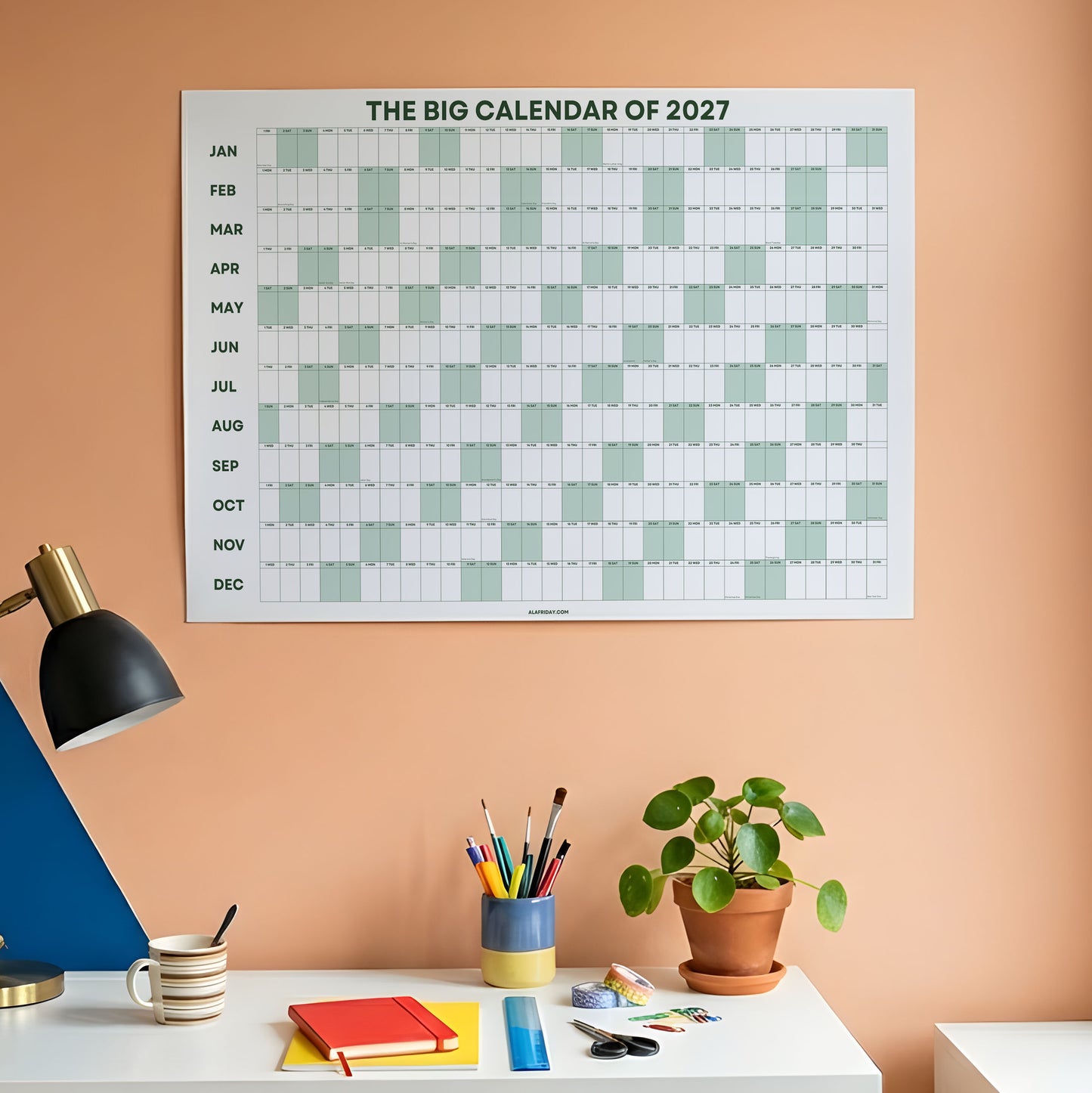 2027 Wall Planner, Year at a Glance, Sage Green Horizontal Layout