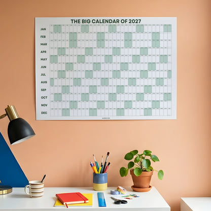 2027 Wall Planner, Year at a Glance, Sage Green Horizontal Layout