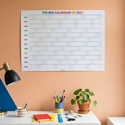 2027 Wall Planner, Year at a Glance, Bright Color Horizontal Layout