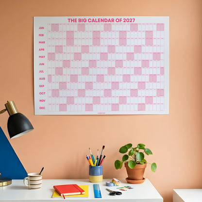 2027 Wall Planner, Year at a Glance, Pink Horizontal Layout