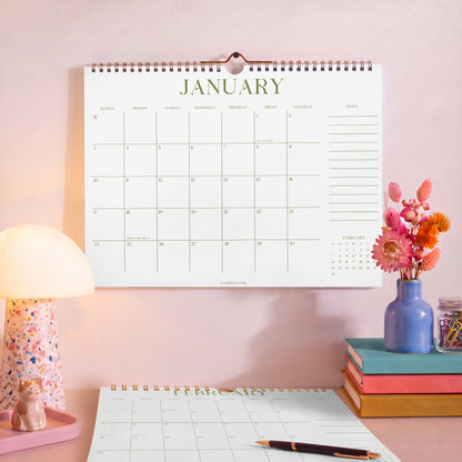 2027 Wall Calendar: Matcha Color, Recycled Paper