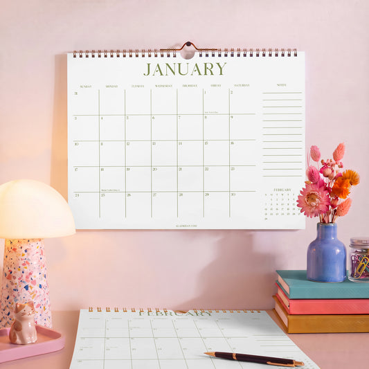 2027 Wall Calendar: Matcha Color, Recycled Paper