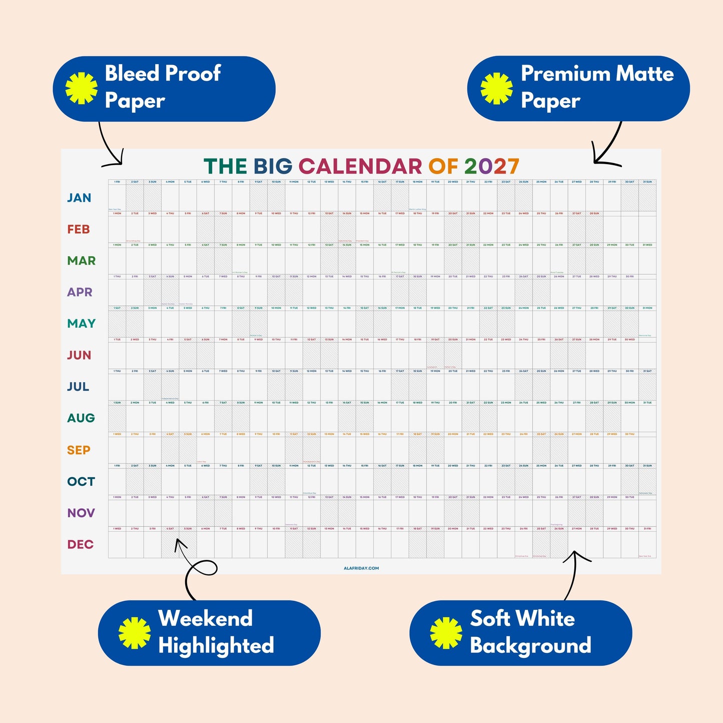 2027 Wall Planner, Year at a Glance, Bright Color Horizontal Layout