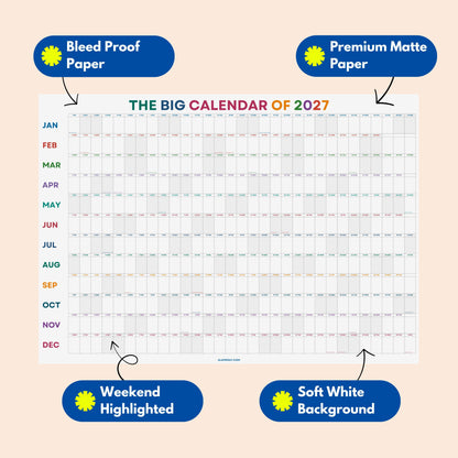 2027 Wall Planner, Year at a Glance, Bright Color Horizontal Layout