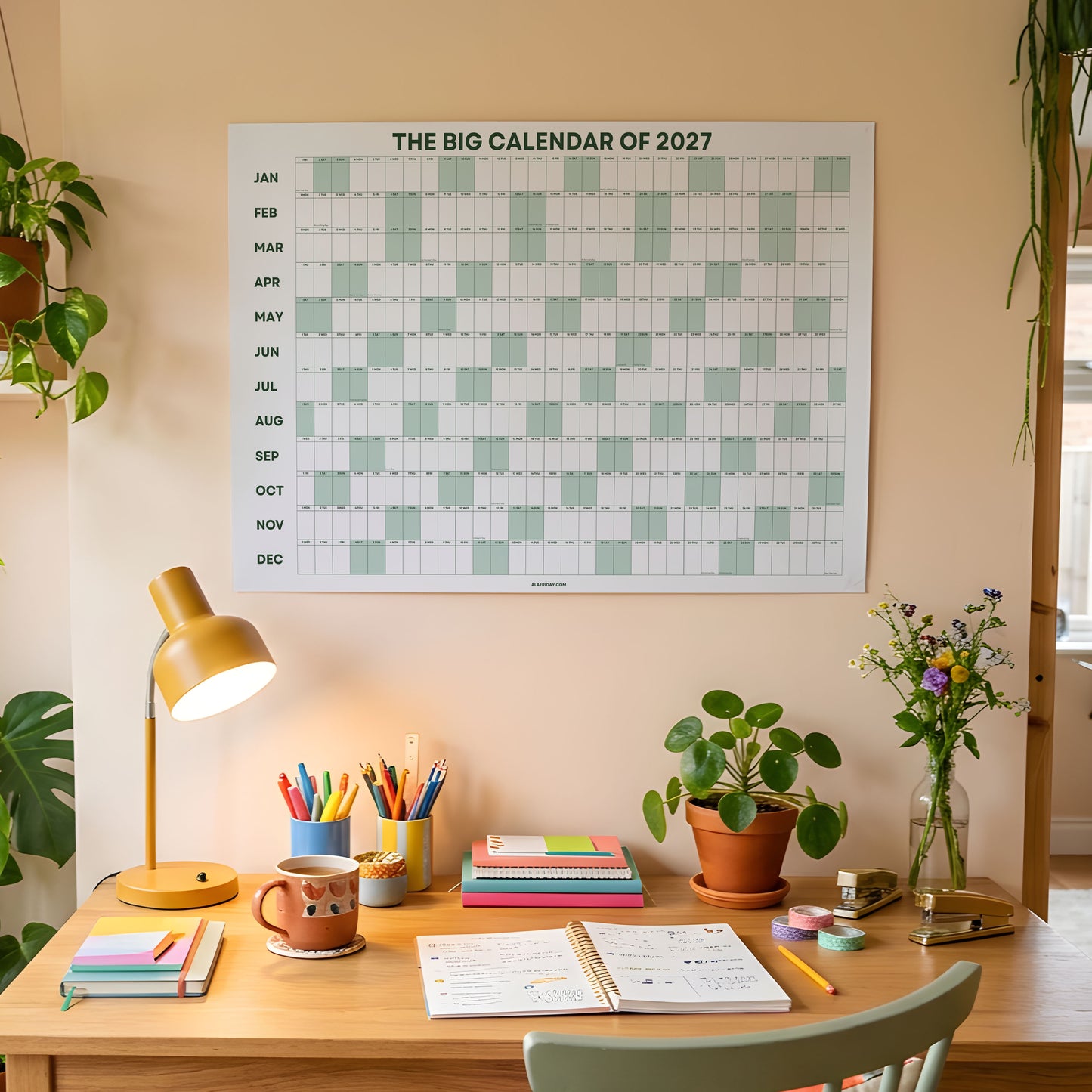 2027 Wall Planner, Year at a Glance, Sage Green Horizontal Layout