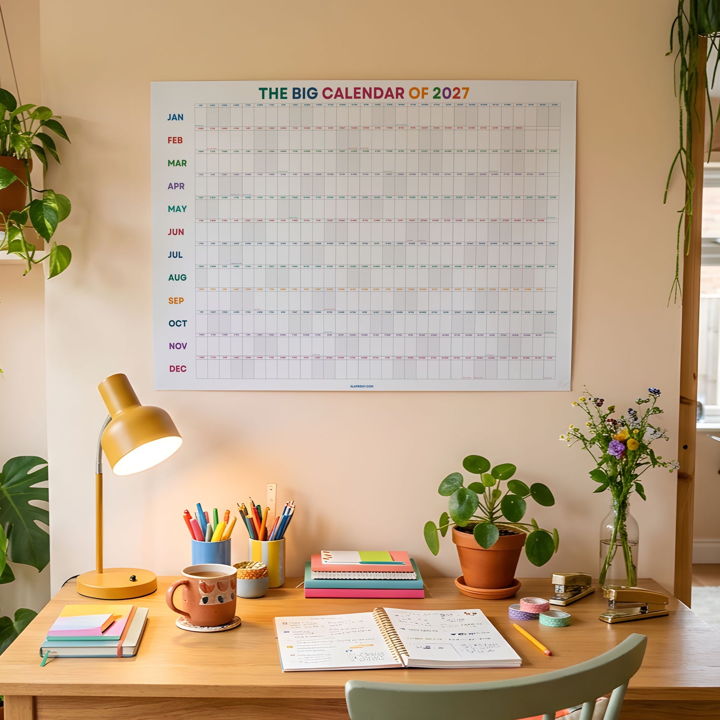 2027 Wall Planner, Year at a Glance, Bright Color Horizontal Layout