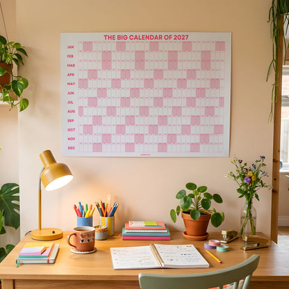 2027 Wall Planner, Year at a Glance, Pink Horizontal Layout