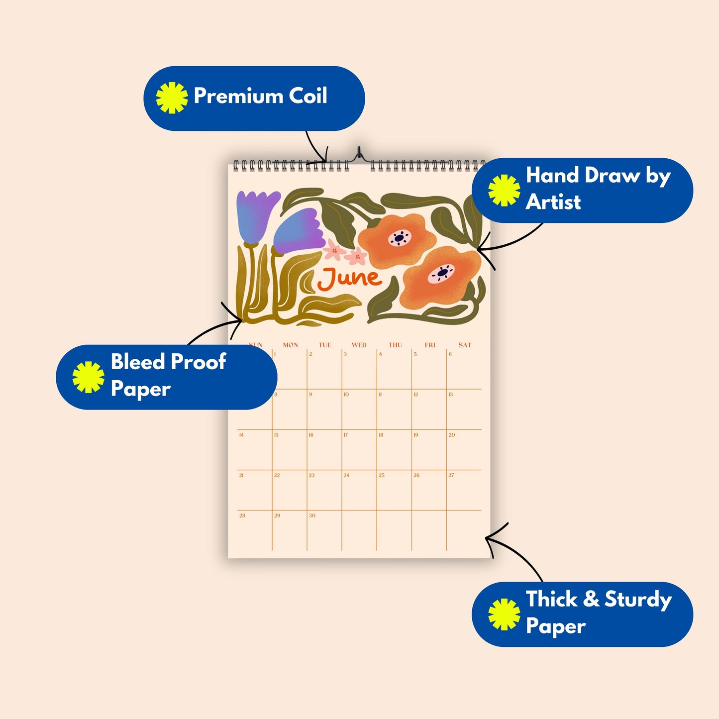 2026 Floral Wall Calendar, A3, Recycled Paper, Monthly Planner