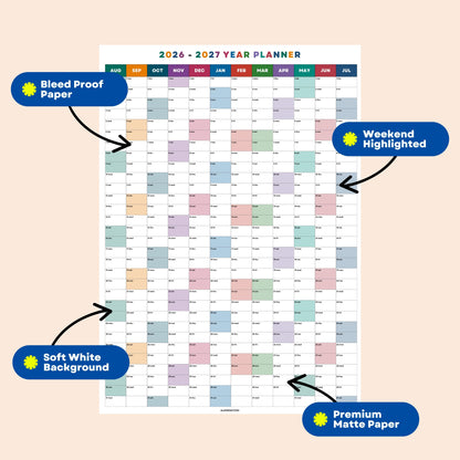 2026-2027 Wall Planner, Academic Year, August Start, Bright Color, Year to View