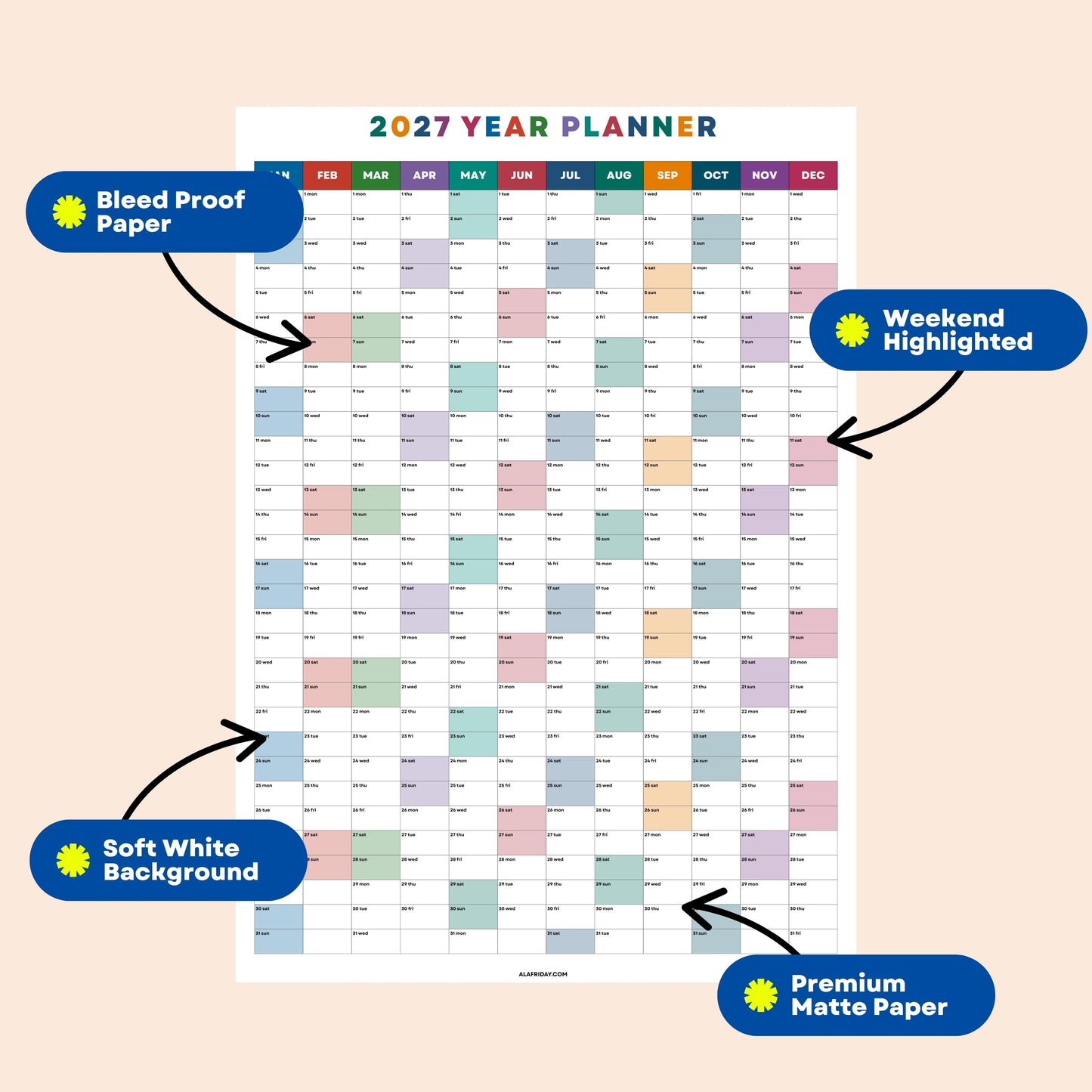 2027 Wall Planner, Year at a Glance, Bright Color Vertical Layout