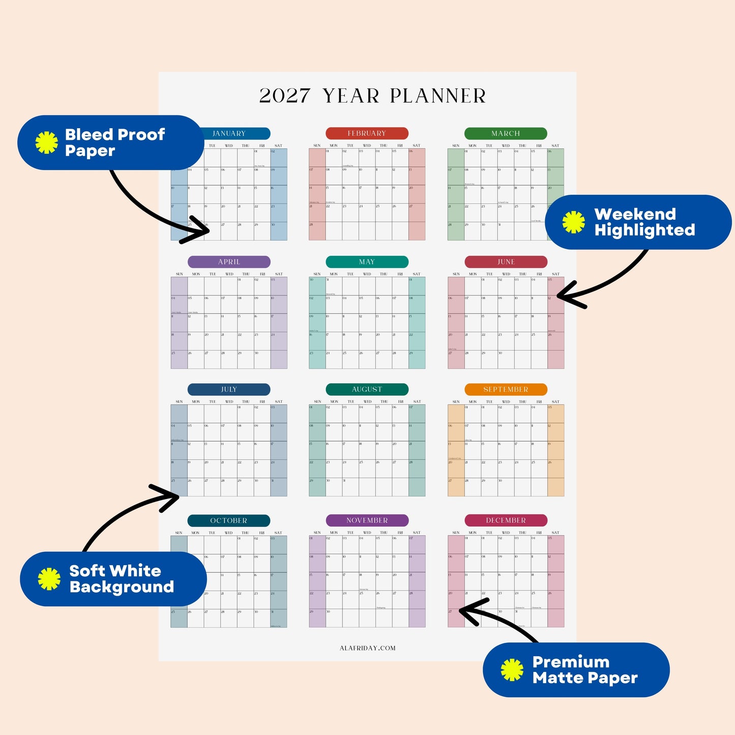 2027 Wall Planner, Year at a Glance, Bright Color Vertical Layout