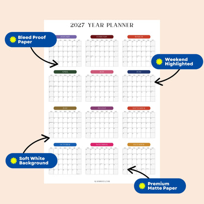 2027 Wall Planner, Year at a Glance, Bright Color Vertical Layout