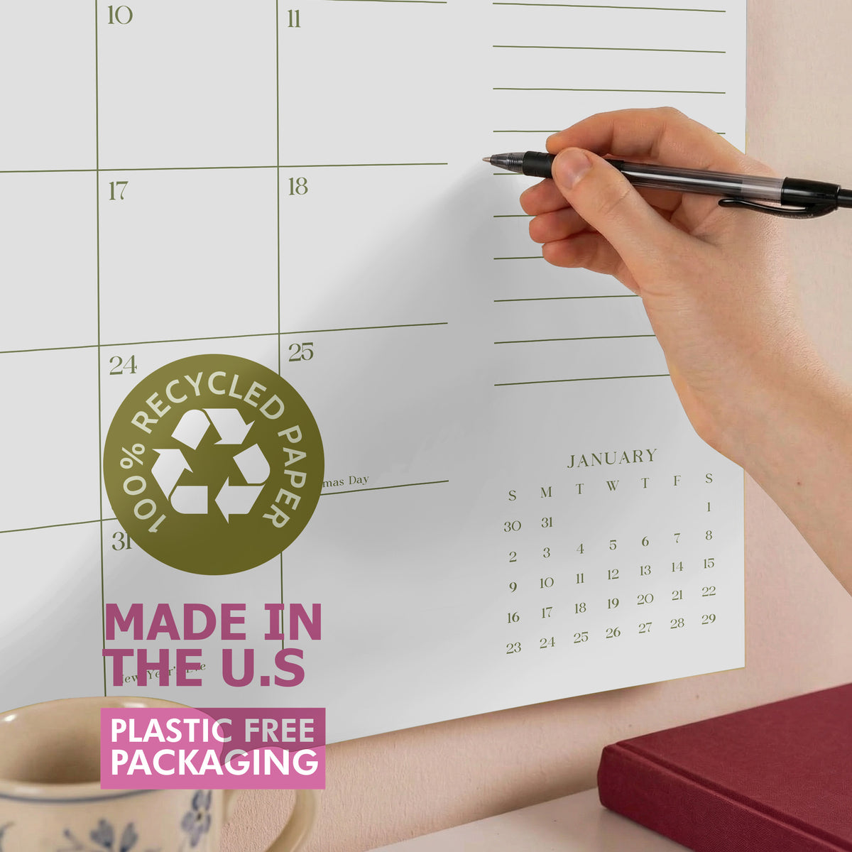 2027 Wall Calendar: Matcha Color, Recycled Paper