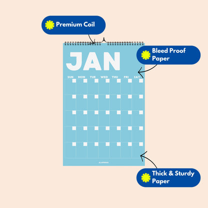 Colorful Undated Wall Planner: Perpetual Monthly Calendar, Recycled Paper
