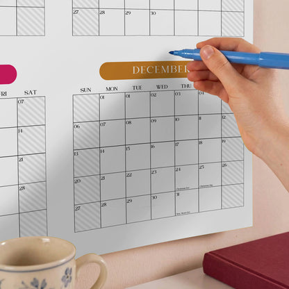 2027 Wall Planner, Year at a Glance, Bright Color Vertical Layout