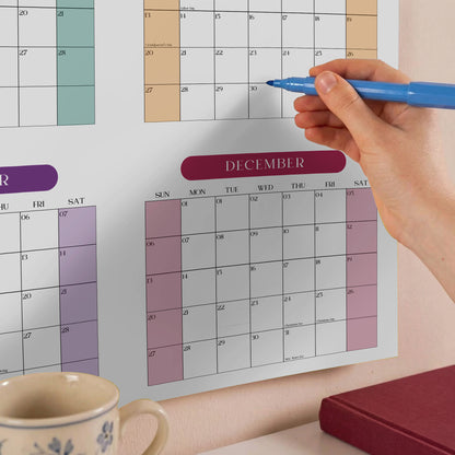 2027 Wall Planner, Year at a Glance, Bright Color Vertical Layout
