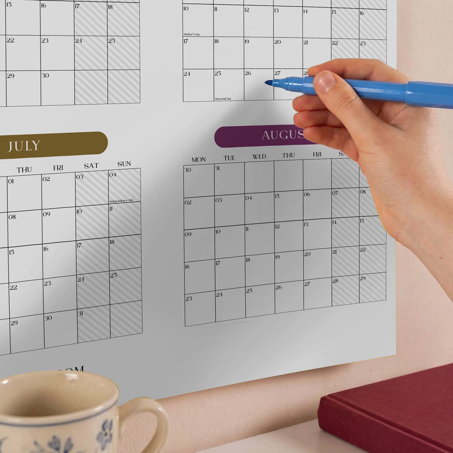 2026-2027 Monthly Grid Wall Planner, Academic Year, Bright Color, Year to View