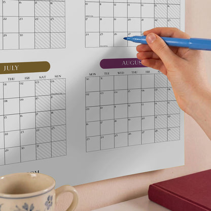 2026-2027 Monthly Grid Wall Planner, Academic Year, Bright Color, Year to View