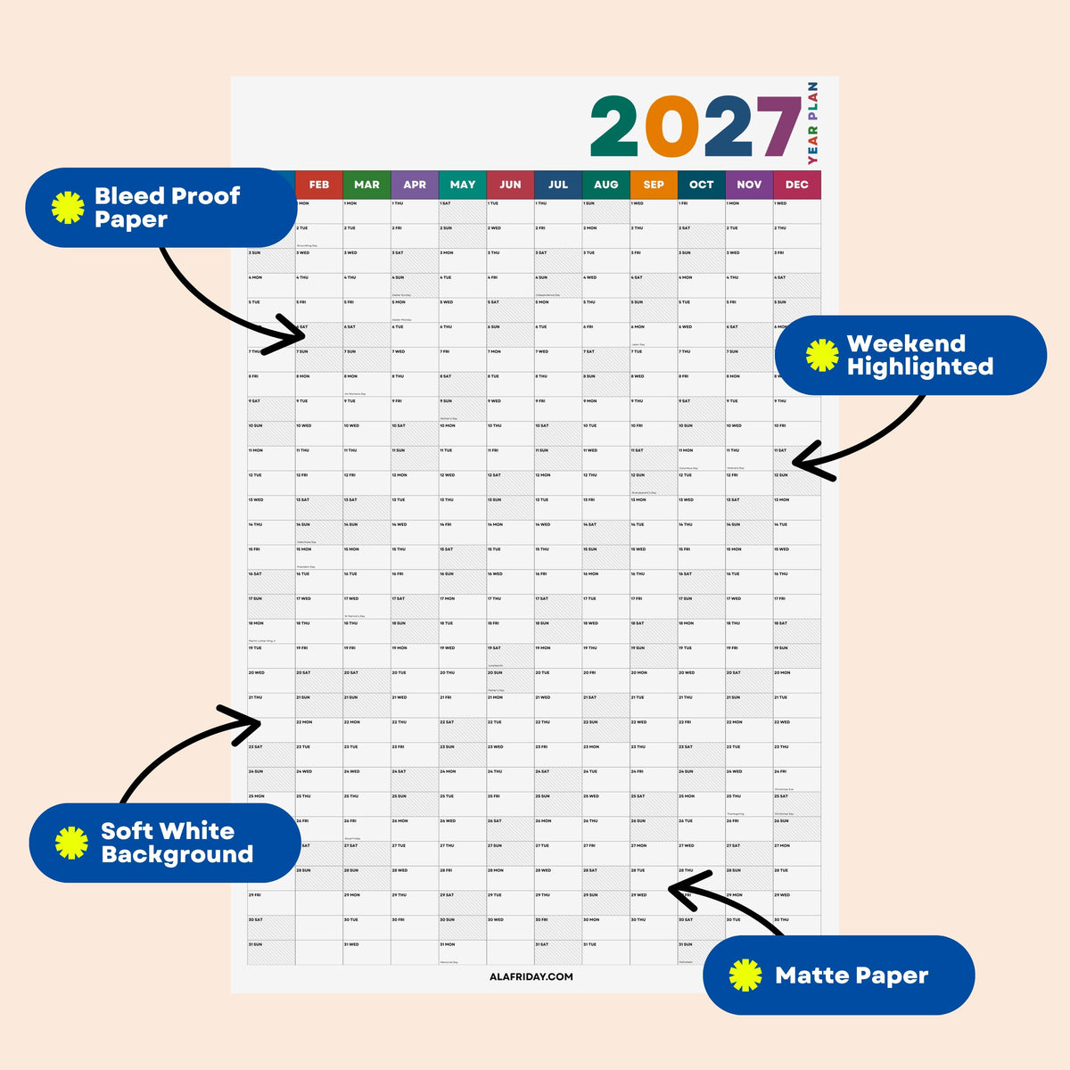 2027 Wall Planner, Bright Rainbow, Matte Paper